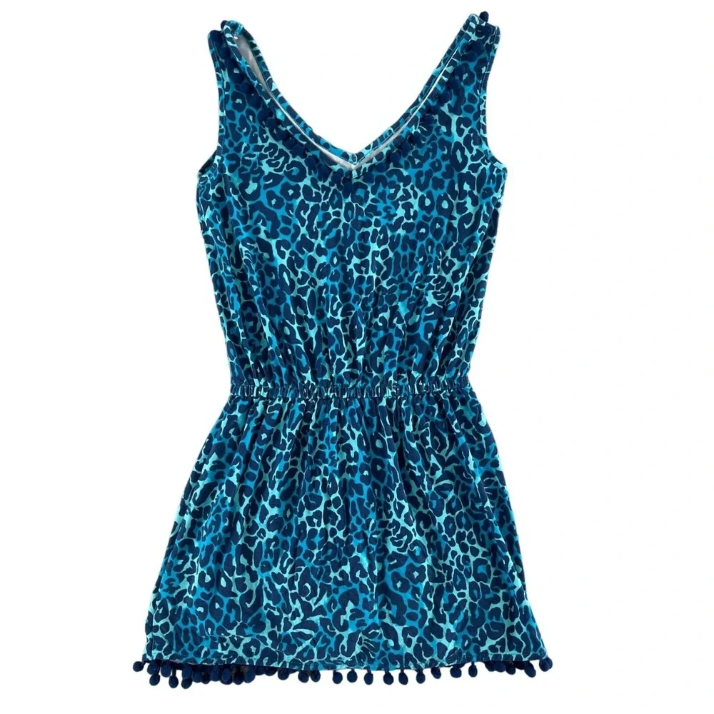 Lilly Pulitzer Gigi Romper Blue My Favorite Spot Leopard Print Pom Poms XXS $138